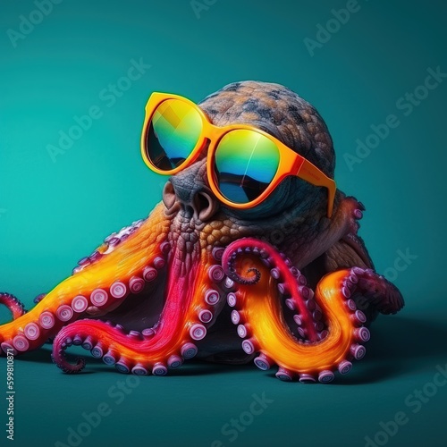 An octopus with sunglasses and a life vest