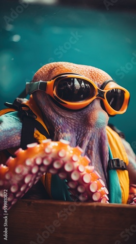 An octopus with sunglasses and a life vest