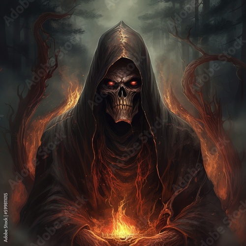 Album cover for death metal group with flames, bones, skulls and wings