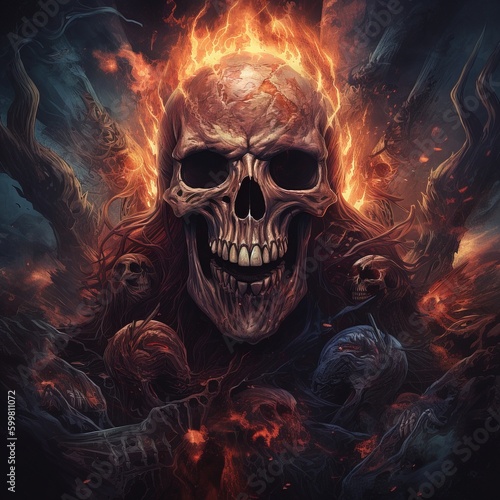 Album cover for death metal group with flames, bones, skulls and wings