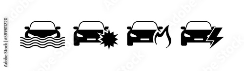 Car breakdown. Silhouette, black, car emergencies. Vector icons.