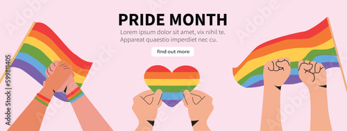 People raise hand with a close fist, hold signs, banner with lgbt rainbow and transgender flag, hold together during pride month celebration against violence, discriminations, human rights violation. 