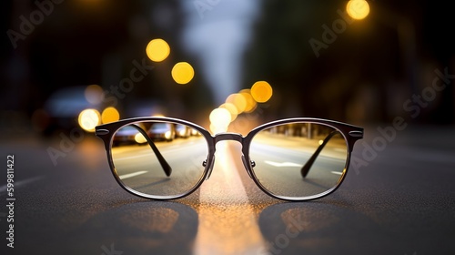 clear image of a road leading to a source of light behind an eyeglasses, with blur background, glasses on the road, wallpaper, Generative AI © Ameer