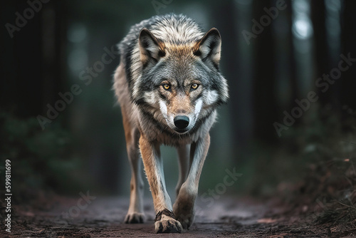 wolf walking on a path in the forest, AI generative photo