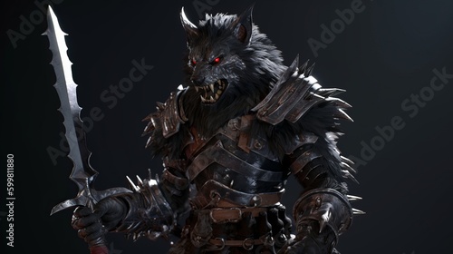 the character is wolf armour and is holding an immense sword, in the style of 32k uhd, dark black background, wallpaper, Generative AI