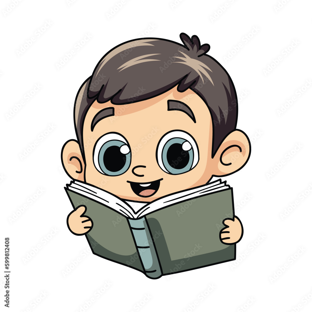 happy boy reading a book illustration in doodle style happy boy reading a book illustration in doodle style