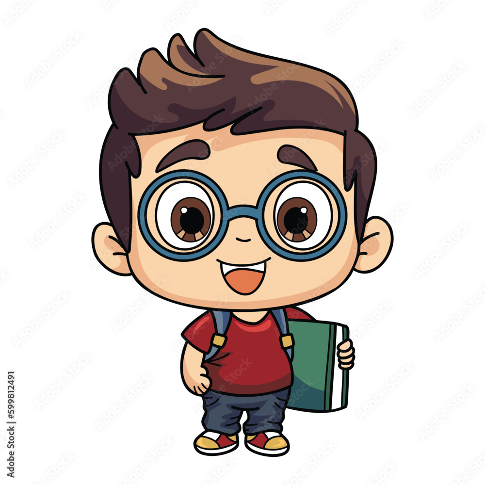 Happy boy holding a book illustration in doodle style