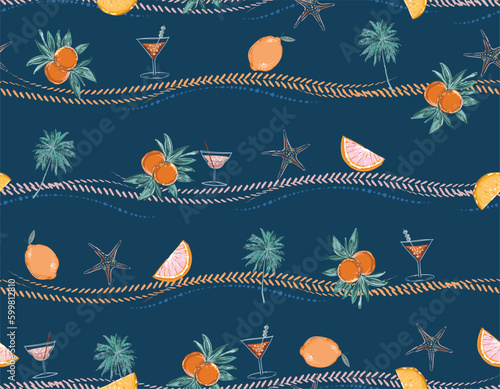 Vacation Vibes palmtree ,cocktail and Summer fruits Lemon and Orange on Striped Hand drawn style.