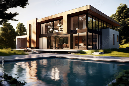 Wallpaper Mural 3D model of a residential building with a swimming pool. Created with generative AI technology. Torontodigital.ca