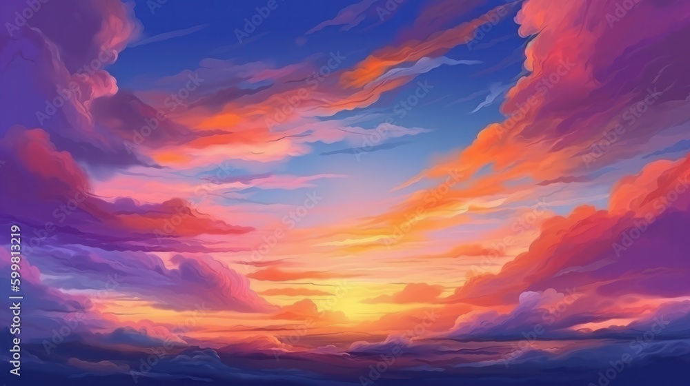 Sunset sky. Cartoon summer sunrise with pink clouds and sunshine, evening cloudy heaven panorama. Beautiful cloudscape with fluffy cumulus, colorful twilight. Generative AI.