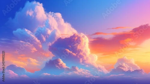 Sunset sky. Cartoon summer sunrise with pink clouds and sunshine, evening cloudy heaven panorama. Beautiful cloudscape with fluffy cumulus, colorful twilight. Generative AI. © Pro Hi-Res