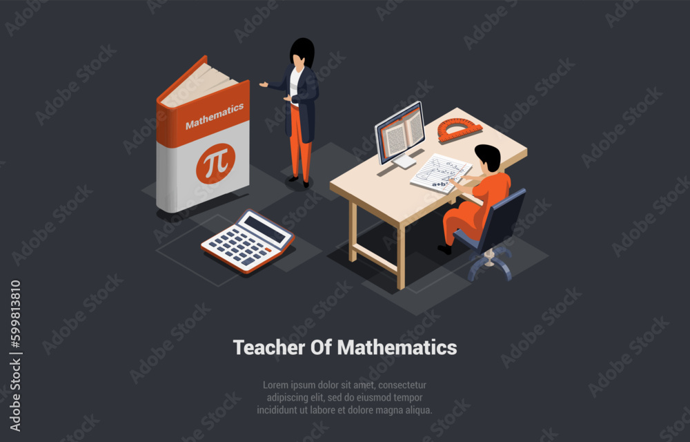 Concept Of Mathematics Study, Subject, Education And Science. Woman Near Math Book With Number Of Pi Logo. Student At Desk Listening To Teacher And Writing Notes. Isometric 3d Vector Illustration Concept Of Mathematics Study, Subject, Education And Science. Woman Near Math Book With Number Of Pi Logo. Student At Desk Listening To Teacher And Writing Notes. Isometric 3d Vector Illustration