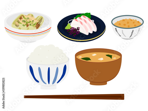 日本らしい和食のごはんのベクターイラスト。白米、みそ汁、焼き茄子、刺身、納豆のセット。