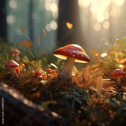 mushrooms in the forest. sunny weather, fly agaric in the forest. fabulous photo of mushrooms and forest. generated by AI