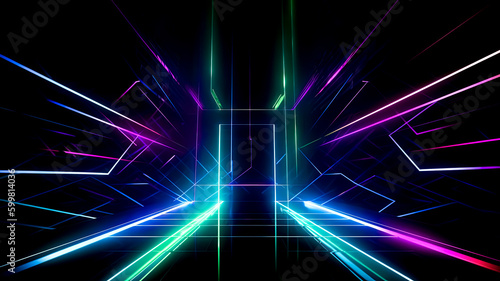 illuminated blue and purple Neon Futuristic Room Background, for technology advertisement banner, Generative AI photo