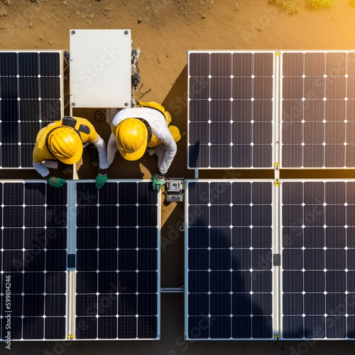 Aerial View: Technicians Installing Solar Panels on House - Energy Transformation with Generative AI