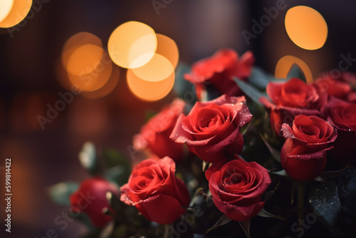 Bouquet of red roses in romantic setting bokeh background Generative AI