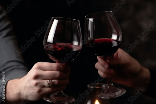 Close up shot of man and woman toasting and drinking red wine from glasses on dinner Generative AI