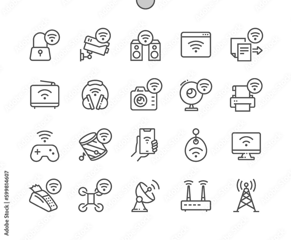 Wireless and wifi. Remote internet access. Digital camera. Wireless pay. Pixel Perfect Vector Thin Line Icons. Simple Minimal Pictogram Wireless and wifi. Remote internet access. Digital camera. Wireless pay. Pixel Perfect Vector Thin Line Icons. Simple Minimal Pictogram