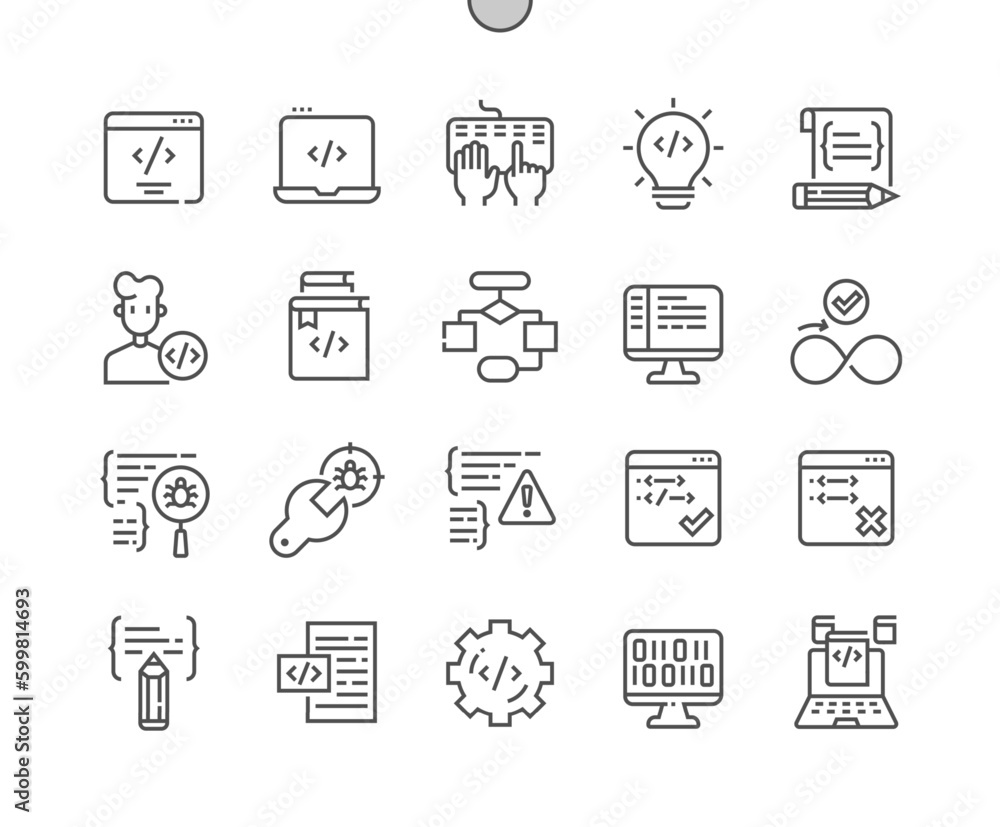 Coding. Programming solutions. Algorithm, developer, script. Bug fixing. Pixel Perfect Vector Thin Line Icons. Simple Minimal Pictogram Coding. Programming solutions. Algorithm, developer, script. Bug fixing. Pixel Perfect Vector Thin Line Icons. Simple Minimal Pictogram