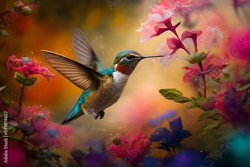 Hummingbird in Flight Amidst Vibrant Blooms, Generative Ai © Flowstudio