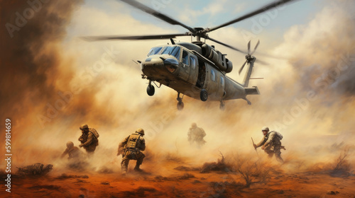 A military helicopter insertion operation, soldiers rappelling down ropes from the helicopter, smoke and dust from the landing zone in the background