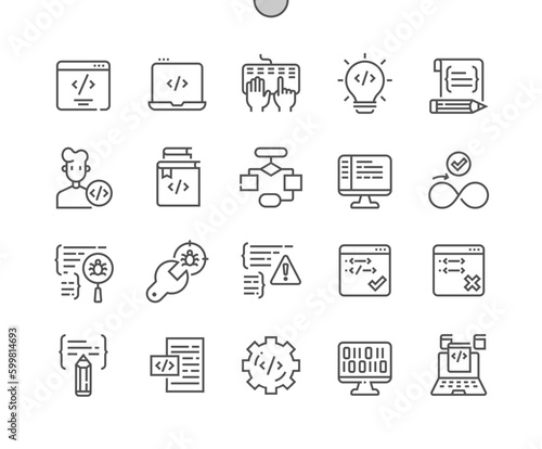 Coding. Programming solutions. Algorithm, developer, script. Bug fixing. Pixel Perfect Vector Thin Line Icons. Simple Minimal Pictogram