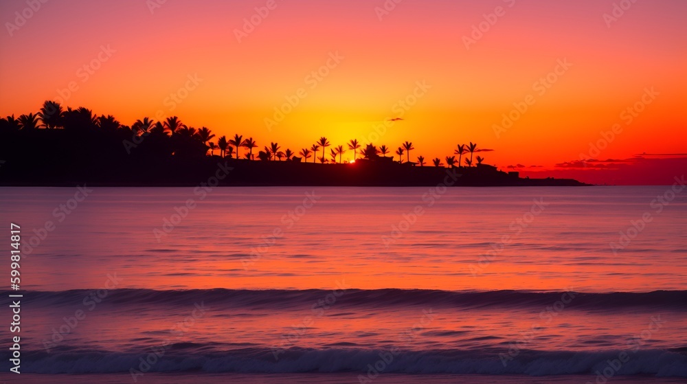 A fiery sunset at a tropical beach palm trees silhouette