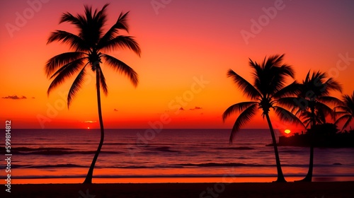 A fiery sunset at a tropical beach palm trees silhouette