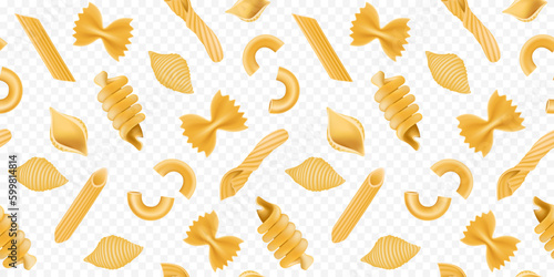 Pasta pattern, penne and macaroni, noodle background. Italian food, retro kitchen texture for restaurant and product packaging, traditional cuisine production. Vector seamless design