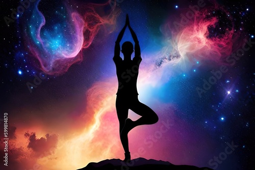 silhouette of a person doing yoga on galaxy background, generative ai