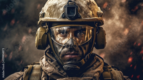 United States Marines in action. Military equipment, army helmet, warpaint, smoked dirty face, tactical gloves