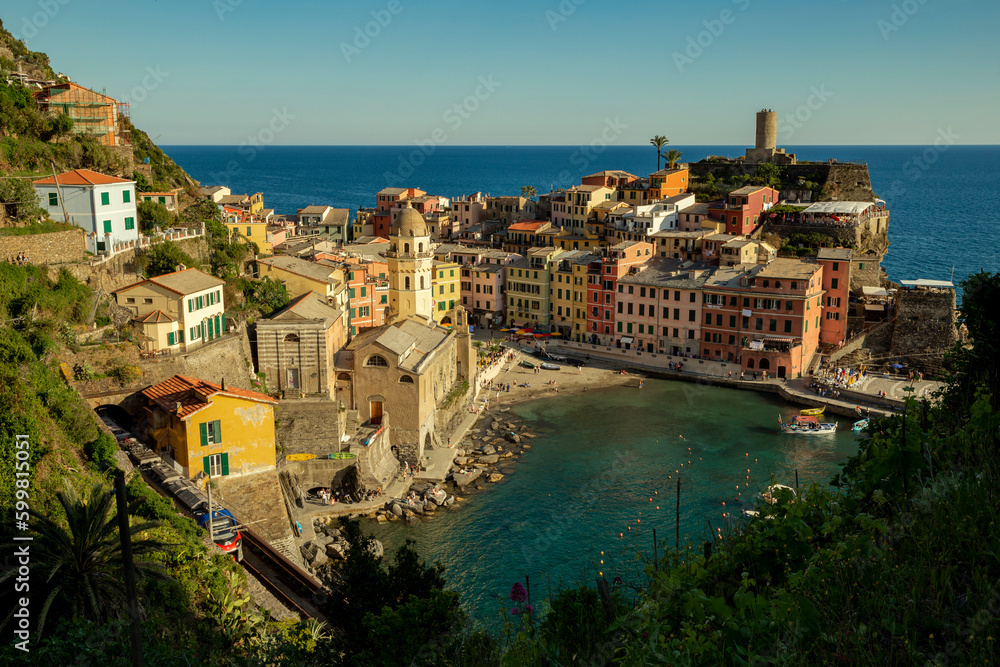 Panorama of Vernazza town in Cinque Terre with train, Liguria, Italy