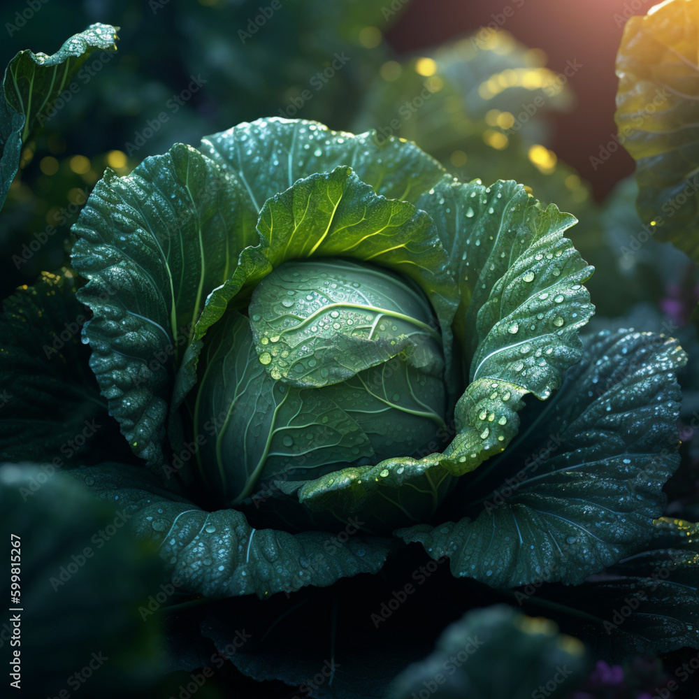 Fototapeta premium cabbage. cabbage grows. cabbage with dew drops. delicious juicy cabbage in the garden. generated by AI