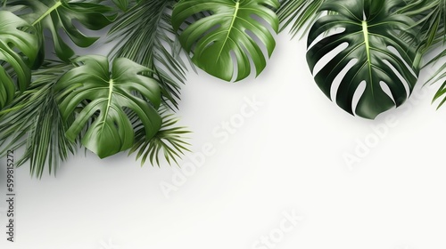Monstera Plant and palm leaves on white background with copy space  Banner Design  Generative AI