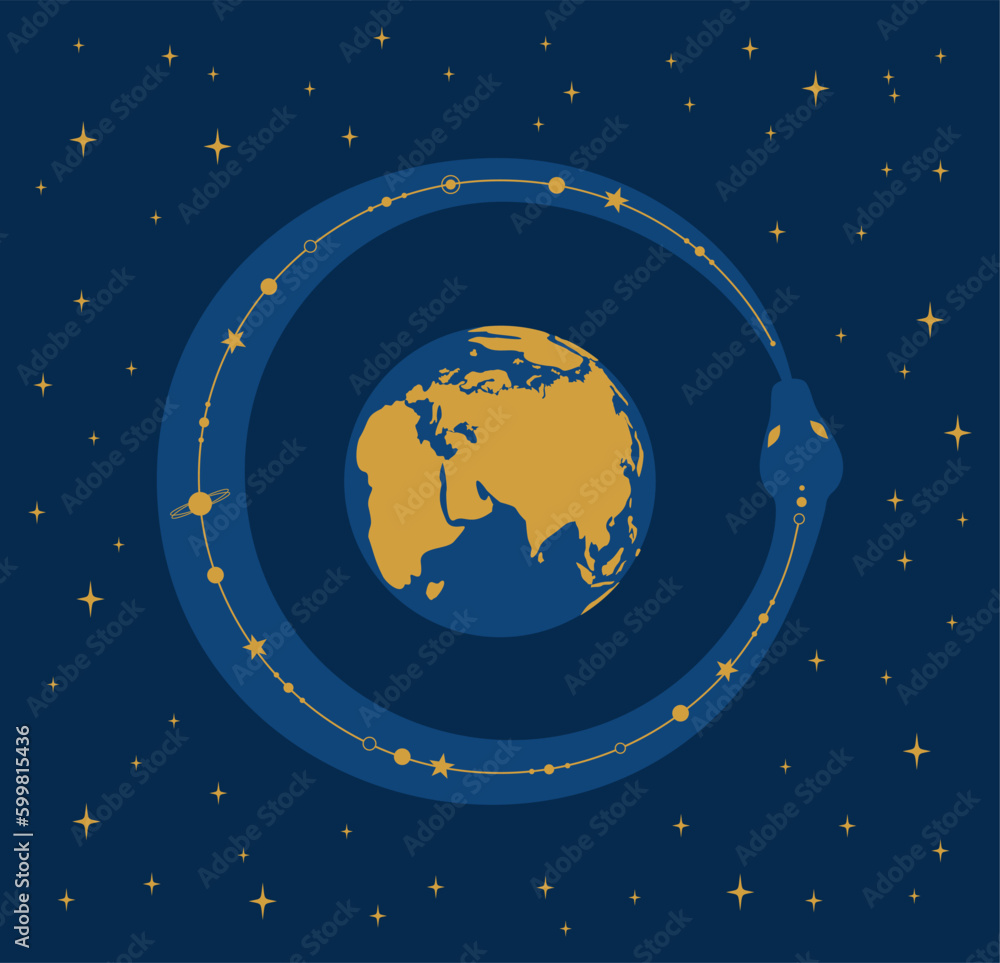 Fototapeta premium Ouroboros, a serpent coiled in a ring around planet Earth and biting its tail on a starry universe background. A symbol of infinity and endless rebirth. Flat vector illustration