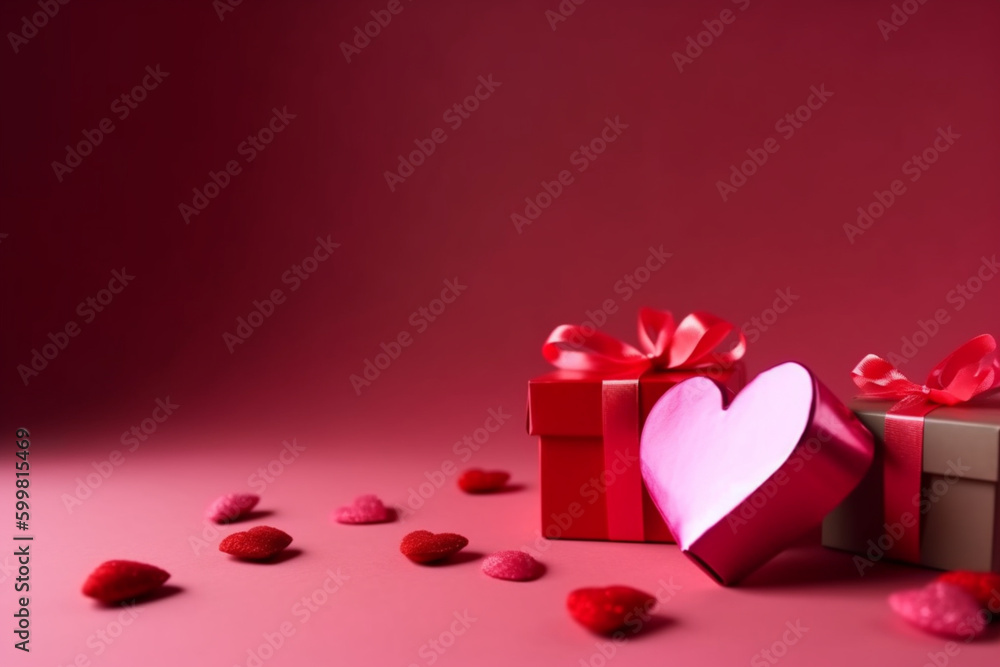 Valentine's Day background with red hearts and gift box on pink background with copy space  Generative AI