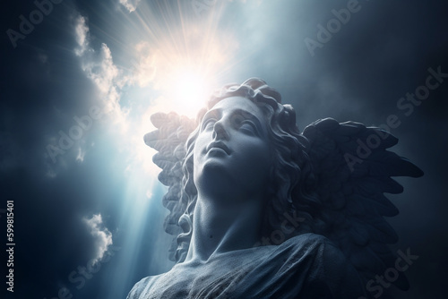 Culture and religion concept. Angel ancient statue in cloudy sky background. Dramatic sky with sunlight illuminating statue. Generative AI
