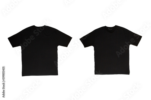 t-shirt design, men's black blank T-shirt template, from two sides, clothing mockup for print, isolated on white background, basic summer clothes