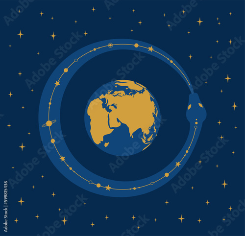 Ouroboros, a serpent coiled in a ring around planet Earth and biting its tail on a starry universe background. A symbol of infinity and endless rebirth. Flat vector illustration
