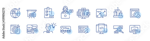 SEO digital marketing agency. Statistics analytics and strategies. Pixel perfect, editable stroke line icons set