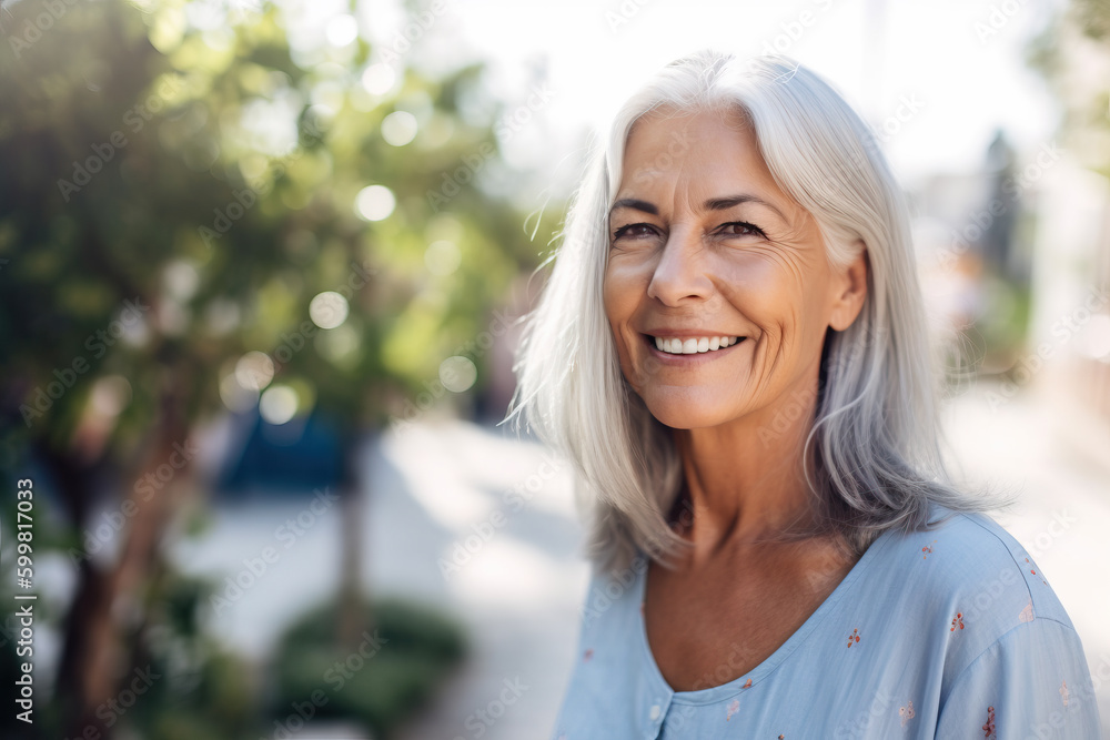 Senior woman, smile and nature while outdoor for freedom, happiness and a healthy lifestyle with fitness and fresh air. Generative AI Senior woman, smile and nature while outdoor for freedom, happiness and a healthy lifestyle with fitness and fresh air. Generative AI