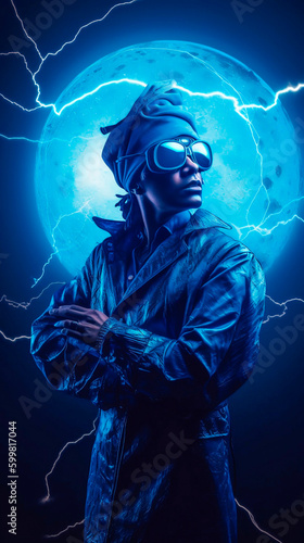 The concept of the symbolism of the planets in Astrology. Uranus. Man in goggles with lightning bolts or electric current discharge over his head. Generated, AI, generated AI photo