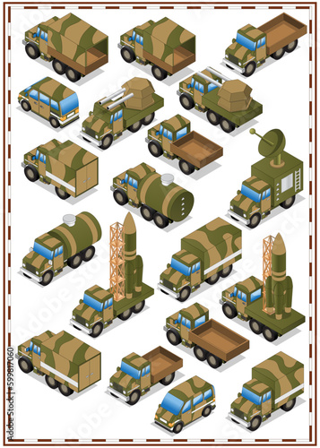 A set of military vehicles. Isometry. Isolated on white background. Vector illustration. 