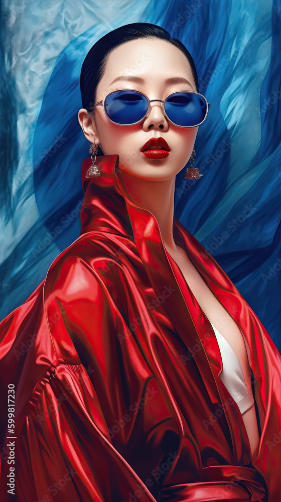 Portrait of an asian woman in red dress and sunglasses on abstract background, fashion. Generative AI. Portrait of an asian woman in red dress and sunglasses on abstract background, fashion. Generative AI.