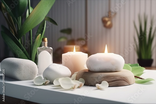 Beauty treatment items for spa procedures on a white wooden table. massage stones  essential oils  and sea salt. generative ai