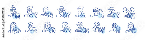 Pet owners of different ages. Cat, dog, fish and parrot love. Pixel perfect, editable stroke line icons set