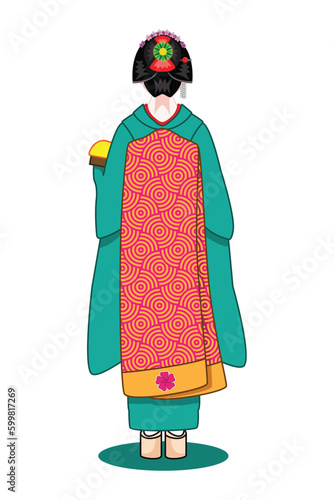 Art drawing - Back of Maiko apprentice Geisha in Japan holding box dress in green official kimono drawing in colorful cartoon vector