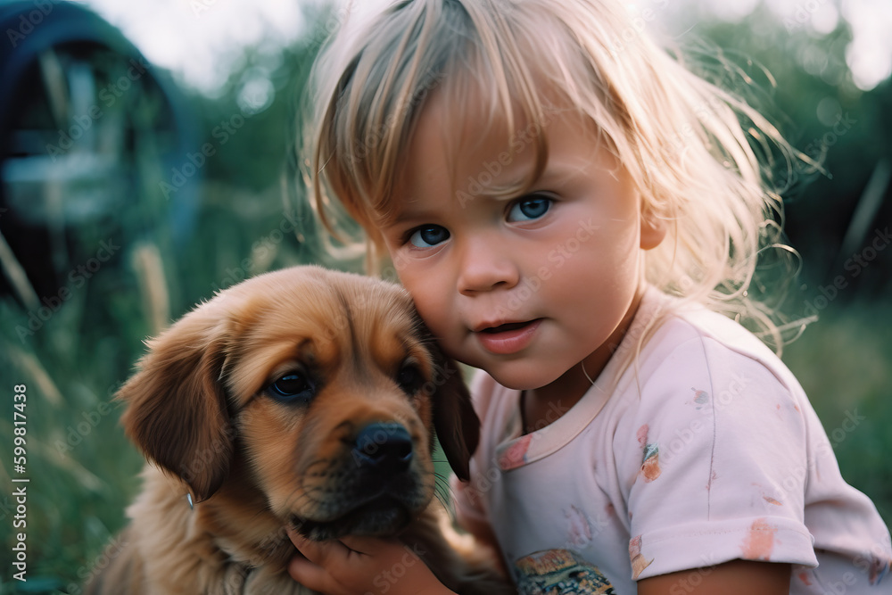 Child with dog. Friendship, care, happiness concept. Generative AI Child with dog. Friendship, care, happiness concept. Generative AI