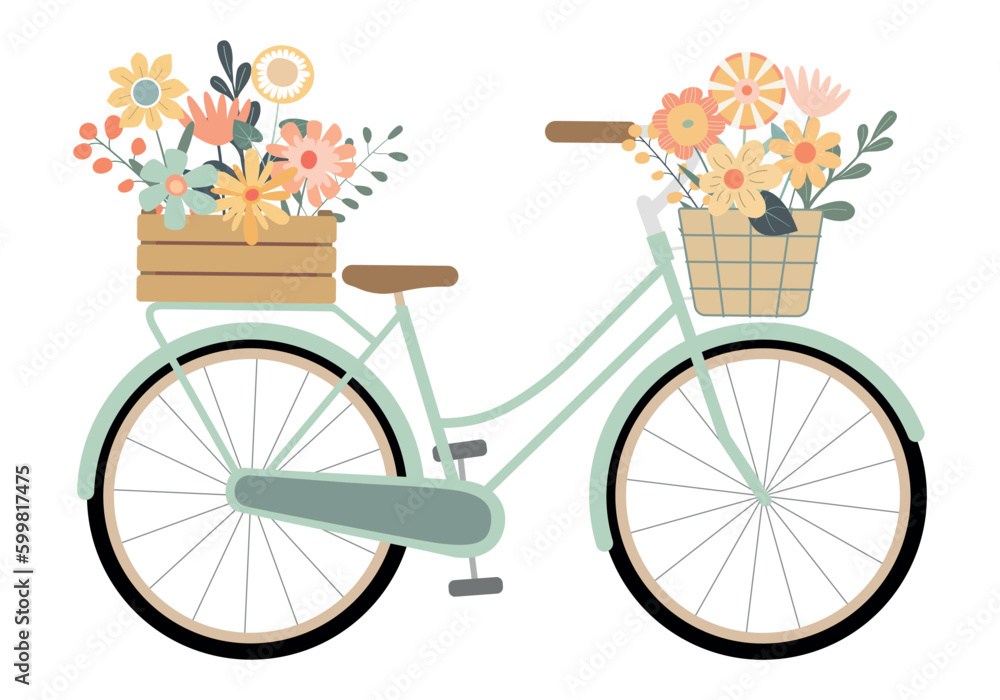 Cartoon pastel color bicycle with spring flowers in crate and basket. Isolated on white background. Vintage bike carrying basket, crate with flowers and plants. Vector illustration.